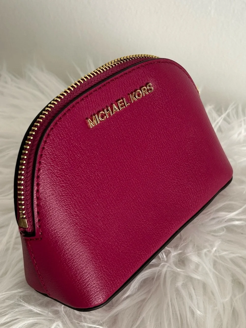 Michael Kors Jet Set Travel Leather Cosmetic Case Makeup Bag Fuchsia Pink Pouch